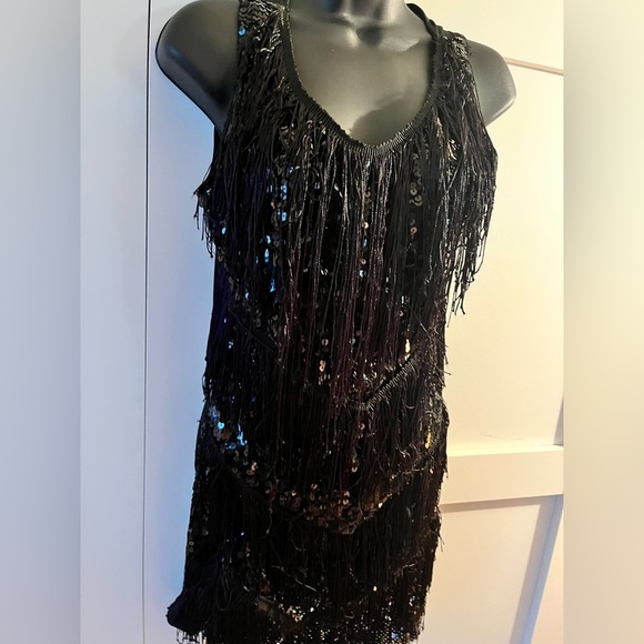 Black Sequin Fringe dress vintage Gatsby dress fringe sequence stampede western - Picture 7 of 11